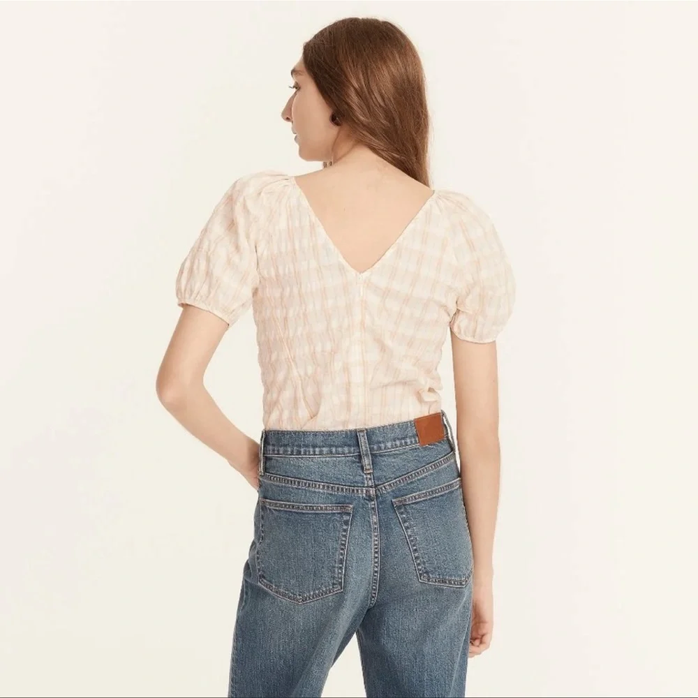 J. Crew V-back Puff-sleeve Top in Textured Plaid Size 2 NWT